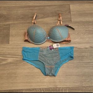 ❗️38b blue beige bra set push up match XL mesh panty